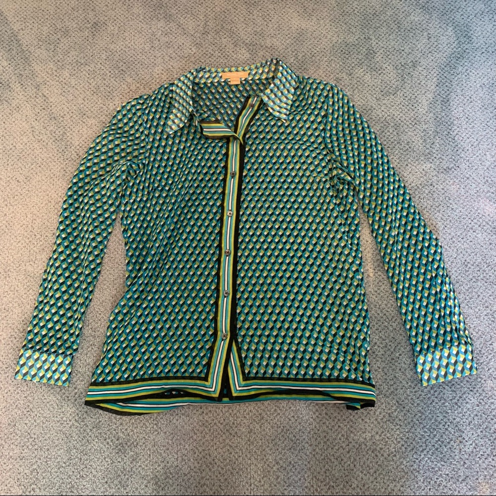 Michael Kors Blue and Green Geometric Patterned Button Down